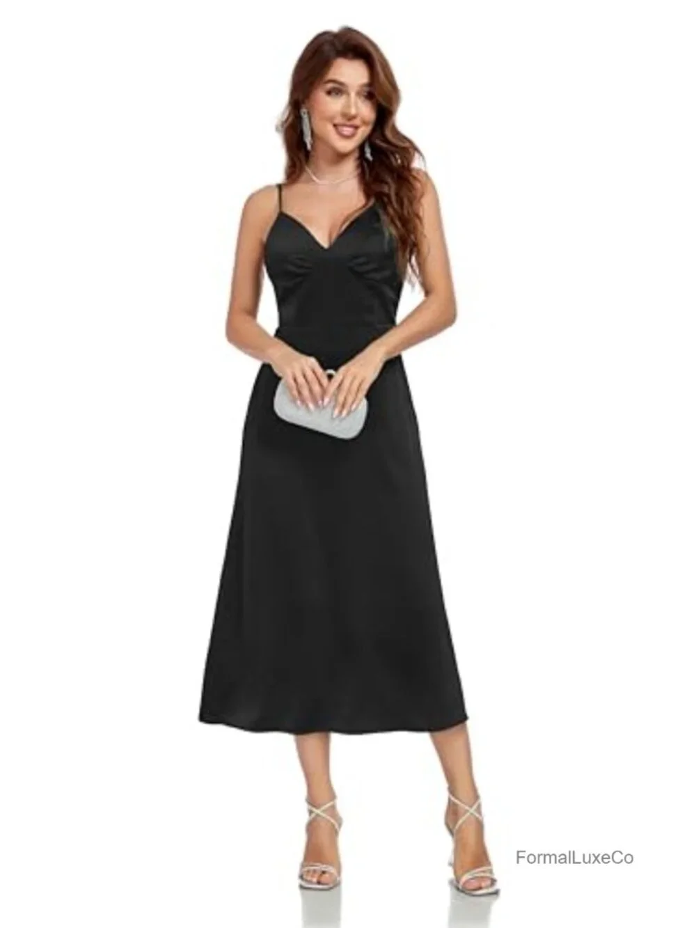 Satin Silk Spaghetti Strap Midi Dress V Neck Open Back Party